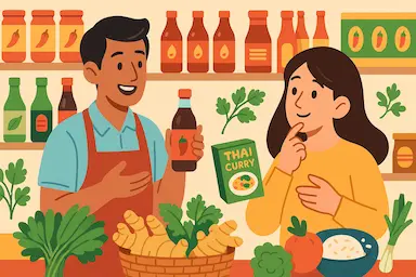 Verkäufer hält Thai-Curry in der Hand und spricht mit einer Kundin.