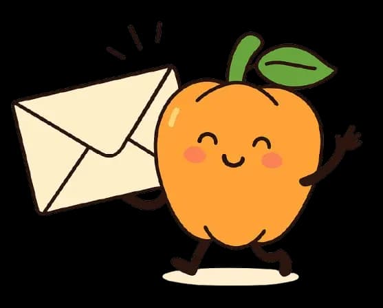 Freundliches Obst mit einem Briefquer in der Hand