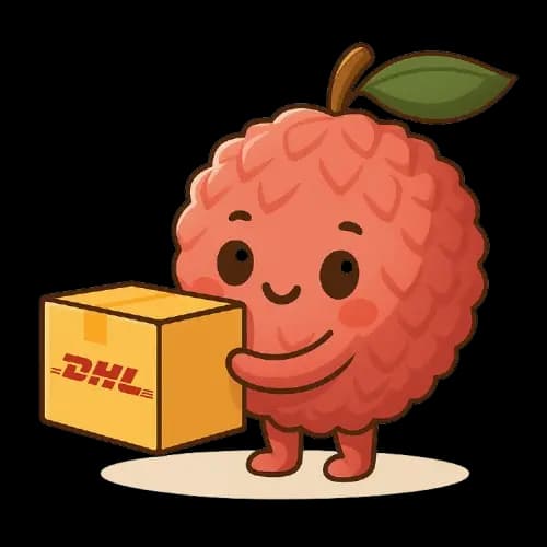 Eine Lychee hält ein DHL Paket in den Händen.