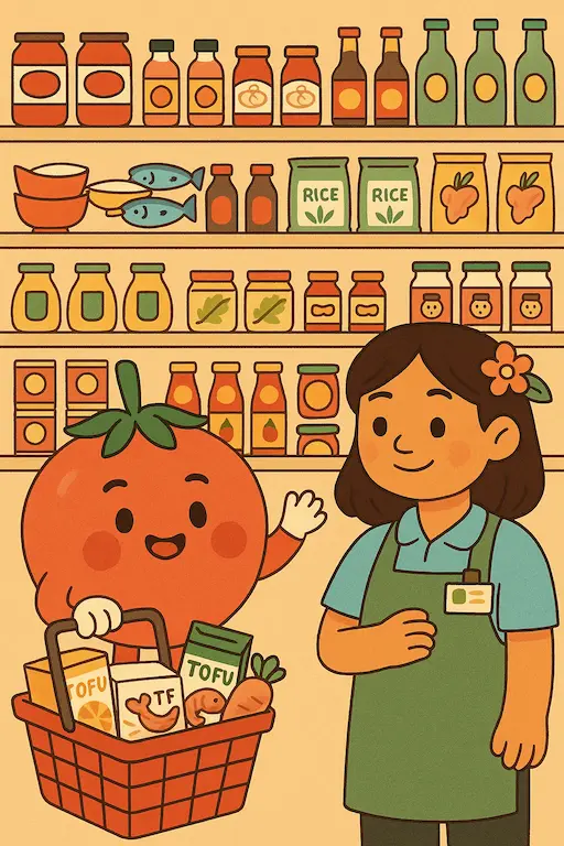 Tomate steht vor einem großen Regal und ist begeistert.